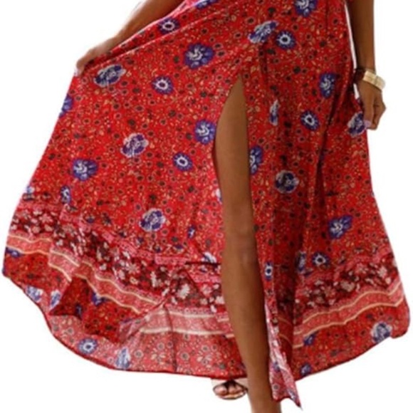 Maxi Dress Red Wrap V Neck Short Sleeve Front Split Summer Floral Belted, Size S - Picture 5 of 10